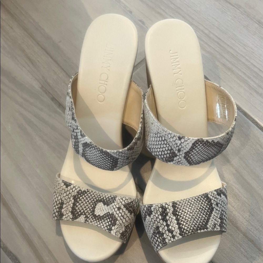 Jimmy Choo Snake Print Sandals in Black and Cream
